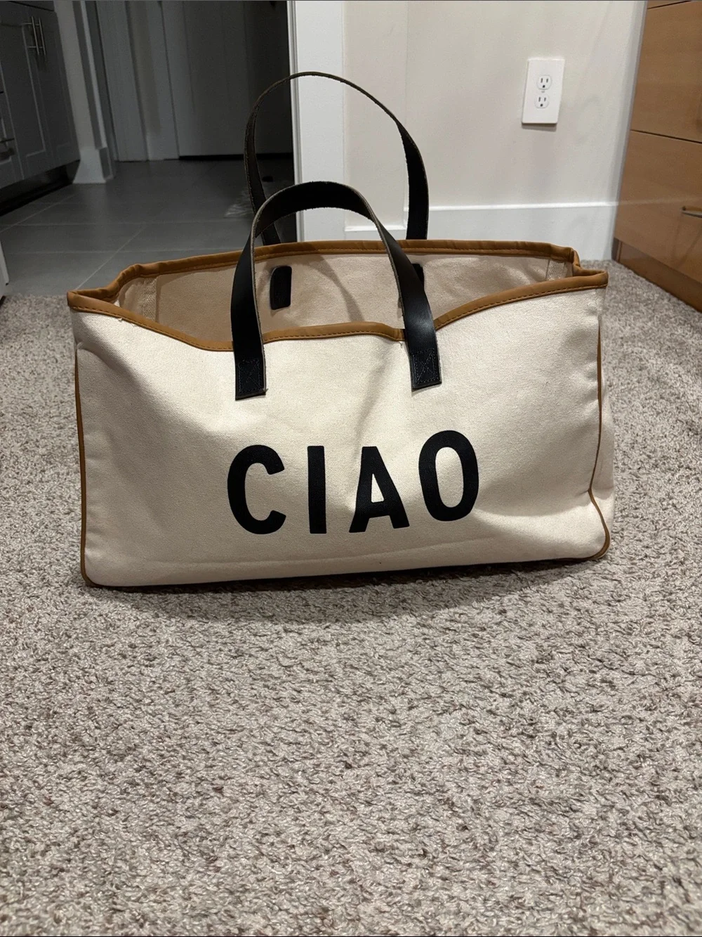 Canvas 'CIAO' Tote Bag in Cream with Black Handles and Tan Trim
